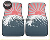 Pair of custom car floor mats with a stylized snow-capped mount fuji and pink gray sunrise sunburst design