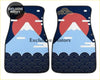 Navy blue car floor mats with stylized mount fuji, red sun, white clouds, and wave patterns for custom interior look