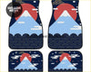 Set of four navy blue car floor mats with stylized mount fuji, red sun, white clouds, and wave patterns design