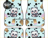 Cute panda boba floor mats with black polka dots and bubble tea designs on a light blue background for cars
