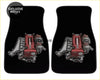 Black car floor mats with detailed red and silver nissan rb26 engine illustration for custom interior style