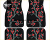 Set of four black car floor mats with custom red cherry blossom tree design featuring vibrant flowers and gray branches