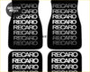Black custom style floor mats with repeating white recaro logos in bold sans serif font for car interiors