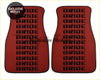 Red custom universal car floor mats with black bride lettering in a grid pattern for stylish interior protection