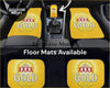 Custom xxxx gold car floor mats in yellow with bold red and white logo design for stylish vehicle interiors
