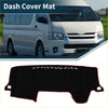 Black dashboard cover mat for Toyota Hiace H300 with red trim and white stitched detailing sun protector pad