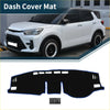 Black dash cover mat with blue trim and cutouts for dashboard controls for toyota raize a200a 2020-2023