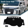 Black dashboard cover mat with white zebra-striped logo and cutouts for controls for toyota vellfire alphard