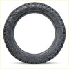 Black rubber tire with aggressive tread pattern and tirra raiders branding delium terra raider at-x 285 50 r20