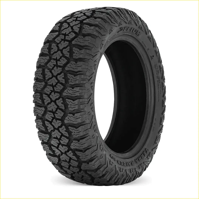 Black rubber DELIUM terra raider ATX off-road tire with aggressive deep tread and visible brand markings