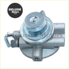 Silver metallic fuel pressure regulator with circular top cap and side brackets for diesel primer pump toyota hilux