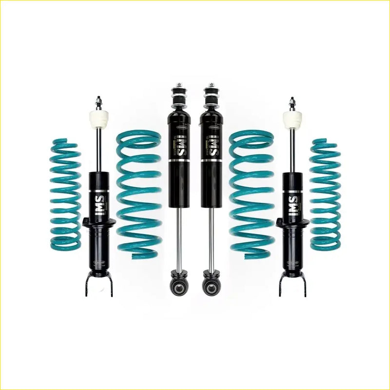 Set of four black and teal coilover suspension kits with ims branding for dodge ram 1500 dt mid 2020 on australian models