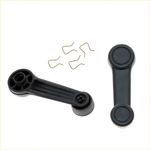 Black plastic window crank handle with textured grip and metal wire hooks for ford courier ranger mazda bravo door set