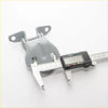 Gray plastic door hinge with metal brackets and spring being measured by caliper for mitsubishi fto coupe 1994-2000