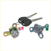 Two metallic door lock cylinders with black key fobs and colored plastic parts for nissan sentra almera 2000-2006