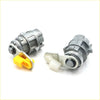 Gray metallic door lock actuators with yellow and white plastic parts for toyota hilux ute 2001-2004 shown from back side