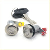 Pair of silver finished metal door lock cylinders with keys and colored brackets for mitsubishi fuso fighter 1984-1992