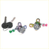 Two car door lock cylinders for nissan x-trail t30 2000-2007 with matching keys and green and pink plastic levers