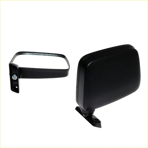 Black plastic door mirror side-view assembly with rectangular glass and mounting bracket for Nissan Datsun 120Y ute