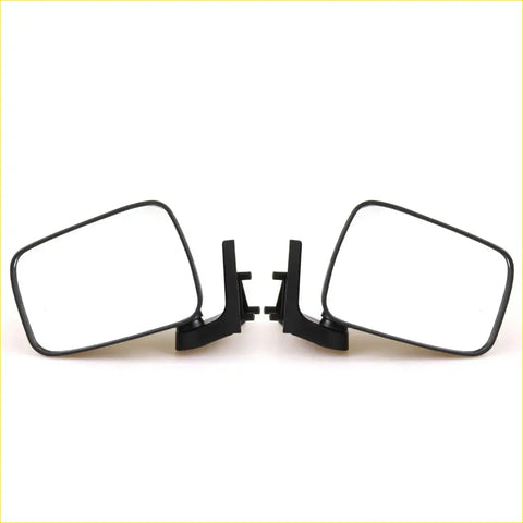 Black plastic door mirrors with rectangular glass and mounting brackets for mazda b-series 1985-1998 shown from back side