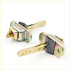 Two metallic door strap stopper latches with brass finish and black rubber pads for nissan navara d21 king cab