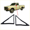 Black triangular rubber weatherstrip seals for door vent on vintage Nissan Datsun 1300 520 521 ute shown from back side