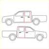 Black outline drawing of pickup truck with red lines highlighting doors for door weatherstrip rubber seal nissan navara d21