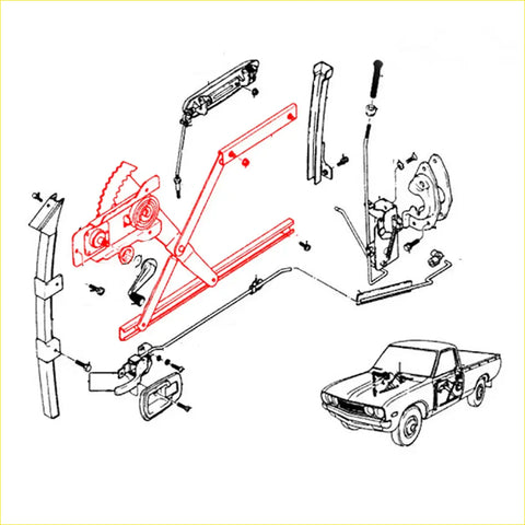 Red-painted metal door window regulator assembly for datsun nissan 620 ute 1972-1979 showing backside view