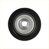 Black rubber-coated drive belt idler pulley with metallic bearing for toyota tundra 2000-2006 shown from back side