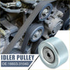 Silver-colored metallic drive belt idler pulley with engraved markings installed on toyota tundra tacoma engine belt system
