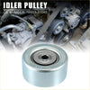 Silver metallic drive belt idler pulley with engraved text and central bearing for toyota tundra tacoma 2000-2023