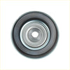 Silver metallic drive belt idler pulley with black rubber belt groove and concentric rings for Toyota Tundra Tacoma