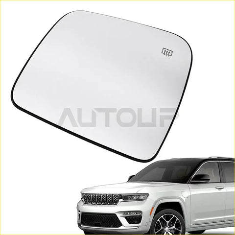 Driver side heated mirror glass for dodge durango jeep grand cherokee white with black trim and small logo in corner