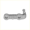 Driver side rear muffler exhaust bracket for ram 1500 made of silver metallic metal with two circular ends and curved arm showing back side