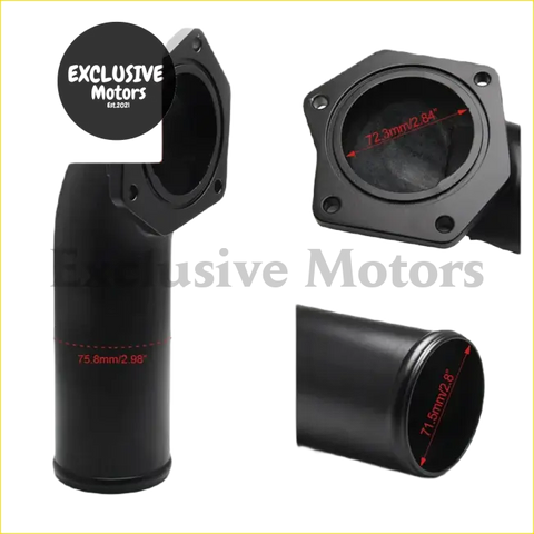 Black matte exhaust manifold elbow with flanged mounting and dimensional markings for ford 6.4l egr cooler valve kit