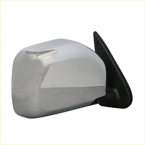 Electric door mirror for toyota hilux 4wd 1997-2005 with chrome finish and black plastic mounting base shown from the back