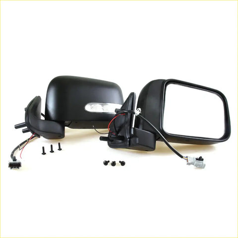 Black plastic electric door mirror with integrated turn signal and wiring harness for nissan d22 hardbody 1997-2004