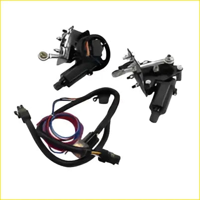 Black electric headlight conversion kit motor assemblies with coiled wiring harnesses for chevrolet corvette c3 back side