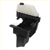 Black plastic engine coolant reservoir with translucent white upper tank and black cap for Ford F-250 F-350 F-450 F-550