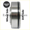 Silver metallic rear axle side bearing with black rubber seal for english standard axle wheel bearing back side view