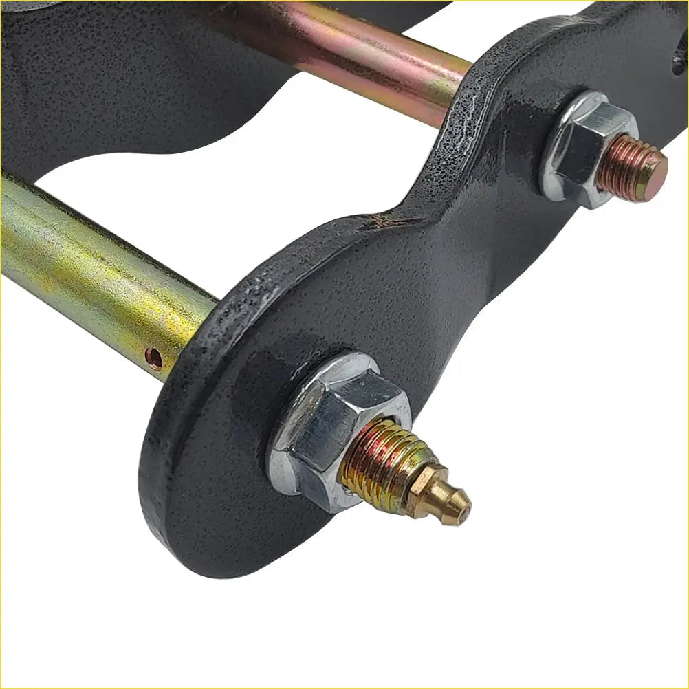 Black metal u-shaped hitch connector with threaded rods and nuts for extended greasable shackles 2 inch lift kit