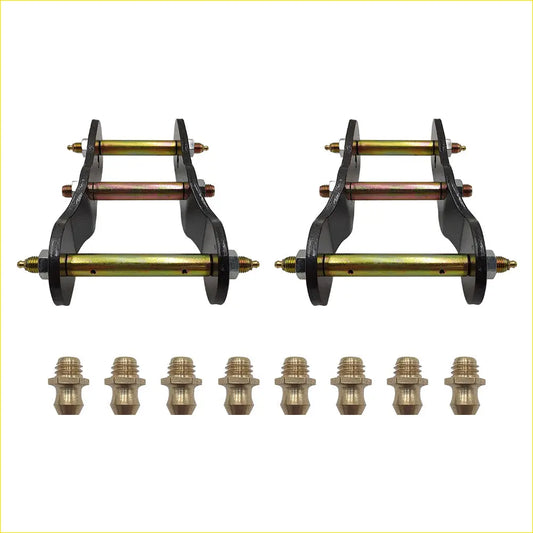 Black and brass metal trailer hitch receiver mounts with matching hardware for extended greasable shackles 2 inch lift kit