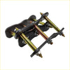 Black metal hitch mount with gold-toned rods and bolts for extended greasable shackles 2 inch 50mm lift kit back view