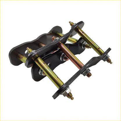 Black metal hitch mount with gold-toned rods and bolts for extended greasable shackles 2 inch 50mm lift kit back view