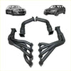Black aftermarket extractors and cats for holden commodore ve vf v8 with 1 7/8 inch pipes shown from back side