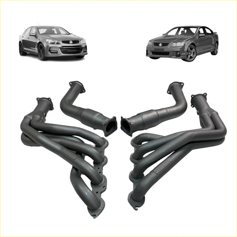 Black aftermarket 1 7/8 inch extractor and cat exhaust manifolds for holden commodore ve vf v8 shown from the back side