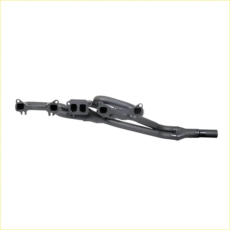 Black metal exhaust manifold with curved ports for falcon xk-xp 144-170 60-65 gasket dsf010a showing back side