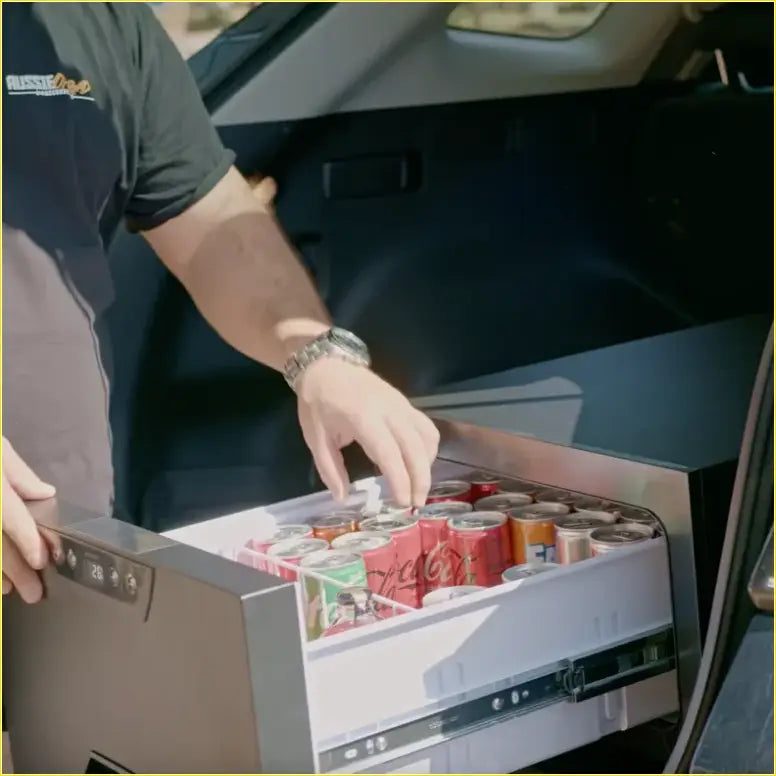 Silver framed compact family ultimate kitchen car fridge with digital display and sodas ideal for 4wd ute offroad trips
