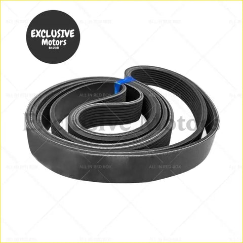 Black rubber fan belt with ribbed texture and reinforced edges secured by blue tie for ford ranger and mazda bt-50