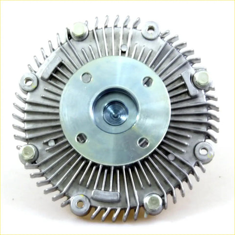 Silver-colored aluminum fan coupling radiator clutch with central hub and radial fins for nissan datsun laurel cedric